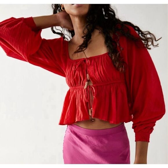Free People Long Sleeve Cropped Red Carly Blouse With Tie Front - Picture 2 of 6